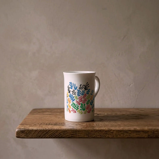 Henri Matisse: La Gerbe, 1953 – porcelain art mug on an oiled oak shelf against a limewashed wall