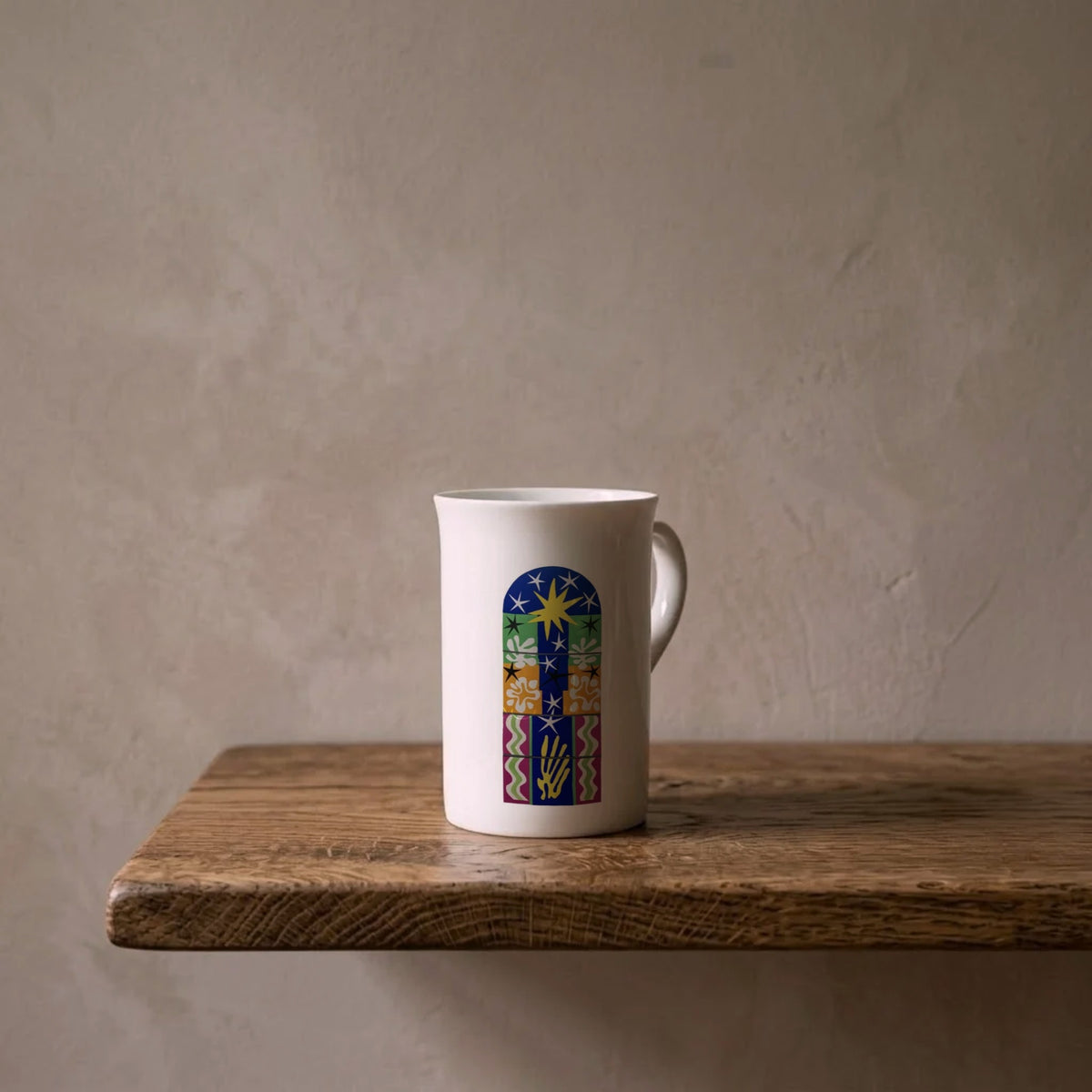 Henri Matisse: Nuit de Noël, 1952 – porcelain art mug on an oiled oak shelf against a limewashed wall