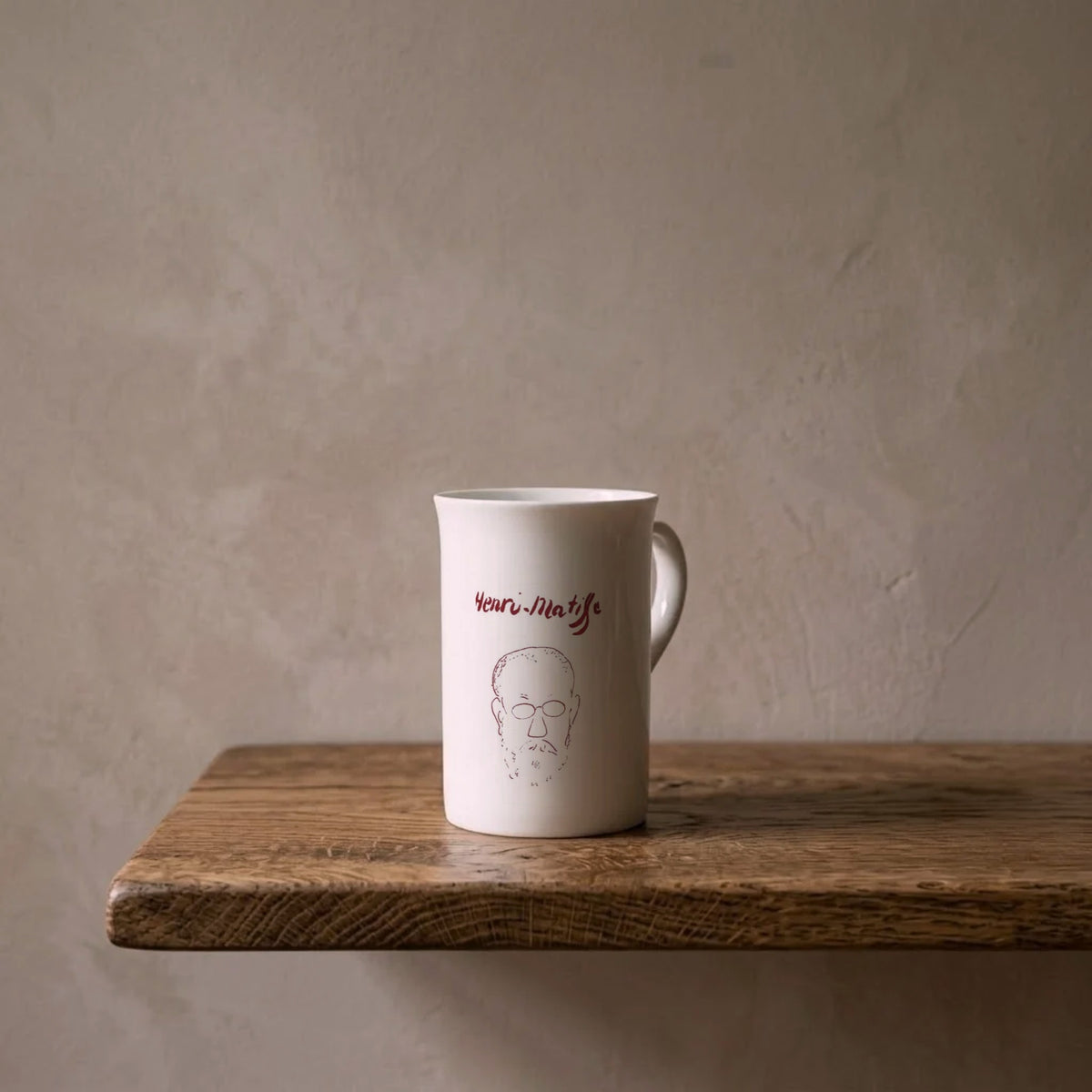 Henri Matisse: Self-Portrait, 1930 – porcelain art mug on an oiled oak shelf against a limewashed wall