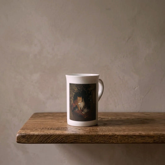Henriëtte Ronner: Cat with Kittens, 1844 – porcelain art mug on an oiled oak shelf against a limewashed wall