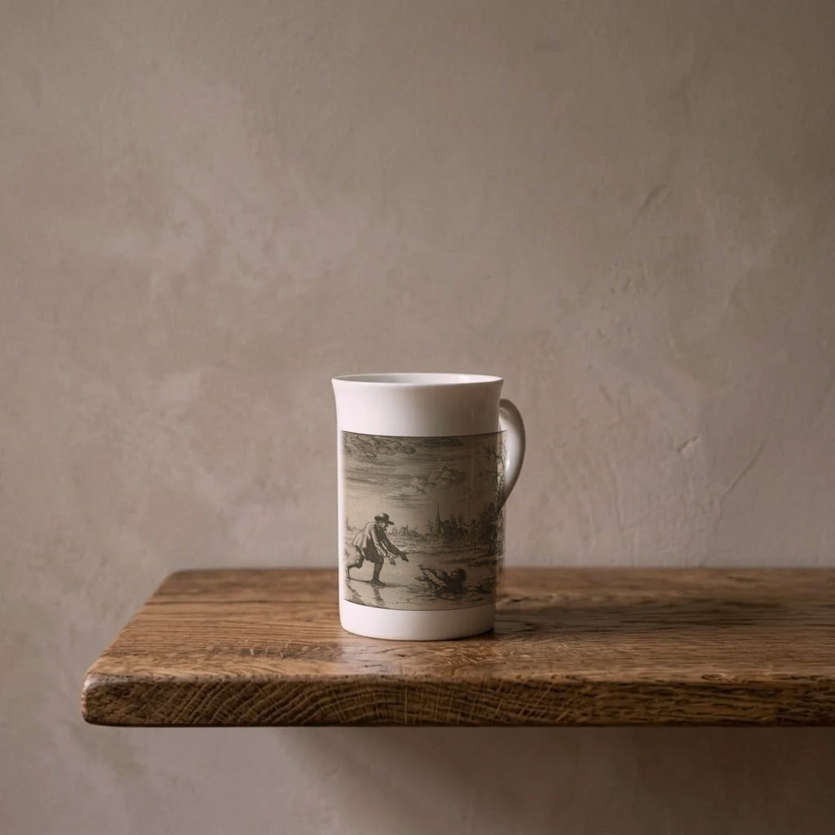 Jan Luyken: Dirk Willems Saves His Pursuer, 1685 – porcelain art mug on an oiled oak shelf against a limewashed wall