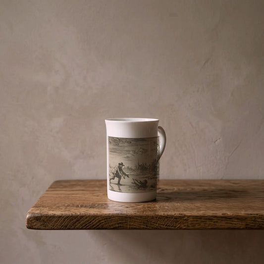 Jan Luyken: Dirk Willems Saves His Pursuer, 1685 – porcelain art mug on an oiled oak shelf against a limewashed wall