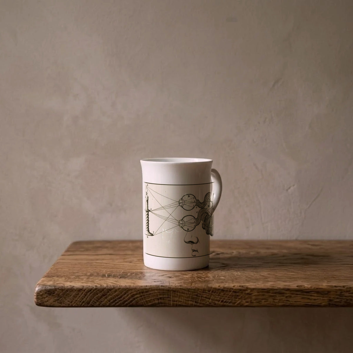 Jan Luyken: The Workings of the Eye, 1682 – porcelain art mug on an oiled oak shelf against a limewashed wall