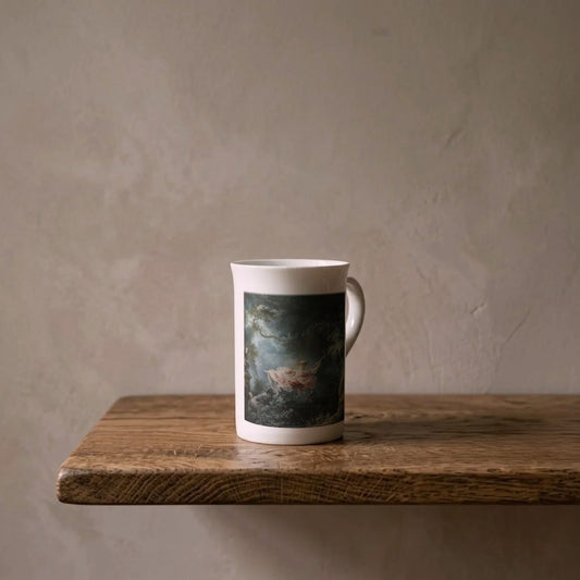 Jean-Honoré Fragonard: The Swing, 1767 – porcelain art mug on an oiled oak shelf against a limewashed wall