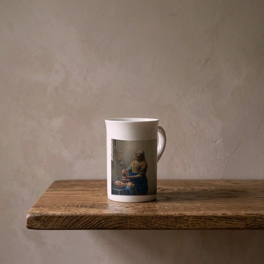 Johannes Vermeer: The Milkmaid, c. 1660 – porcelain art mug on an oiled oak shelf against a limewashed wall