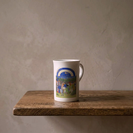 Limbourg Brothers: Très Riches Heures (May), 1416 – porcelain art mug on an oiled oak shelf against a limewashed wall
