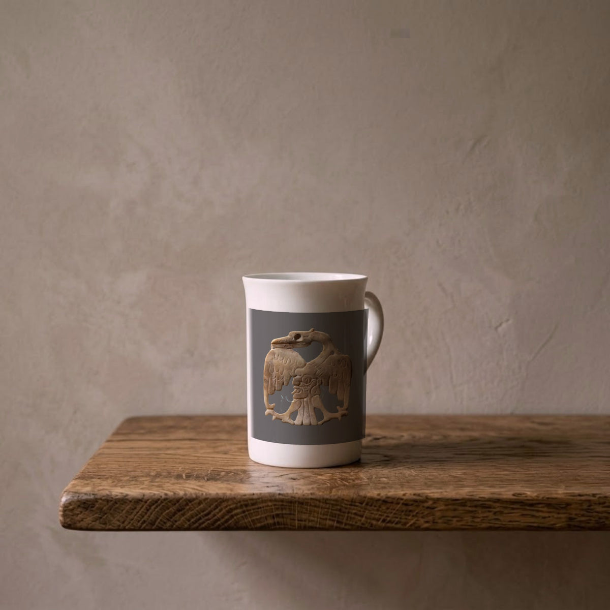 Maya bird ornament, 600–800 CE – porcelain art mug on an oiled oak shelf against a limewashed wall