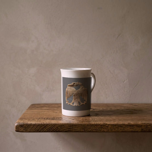 Maya bird ornament, 600–800 CE – porcelain art mug on an oiled oak shelf against a limewashed wall