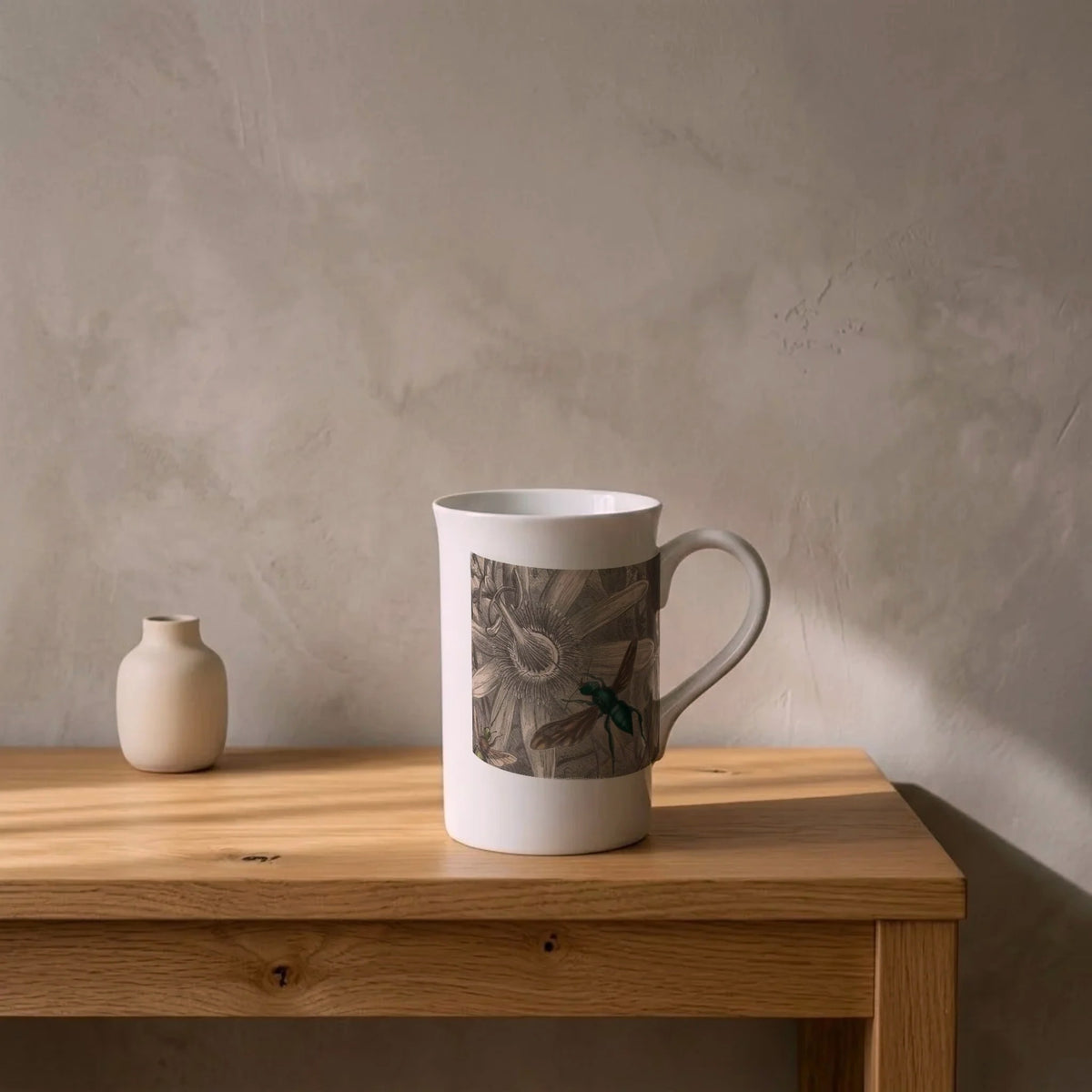 Orchid bee and passionflower, Musée entomologique illustré 1878 – porcelain art mug on an oiled oak shelf against a limewashed wall