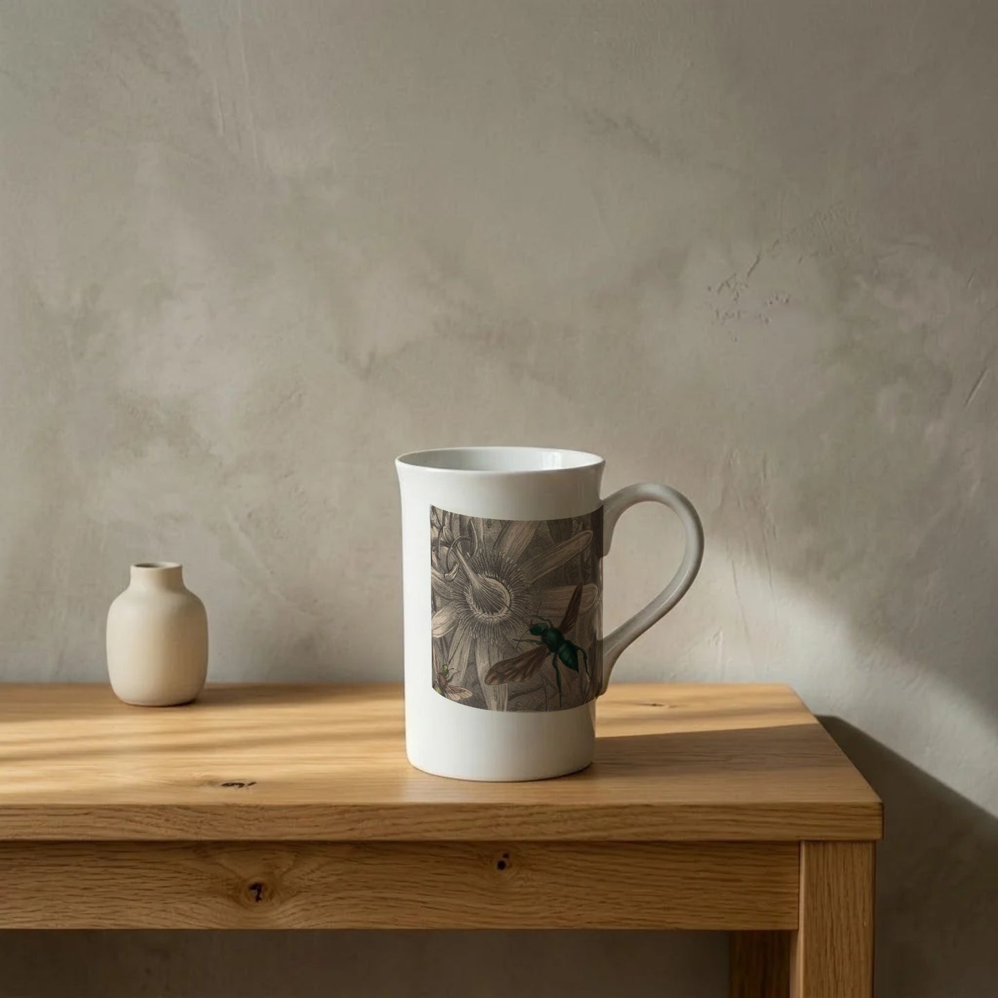 Orchid bee and passionflower, Musée entomologique illustré 1878 – porcelain art mug on an oiled oak shelf against a limewashed wall
