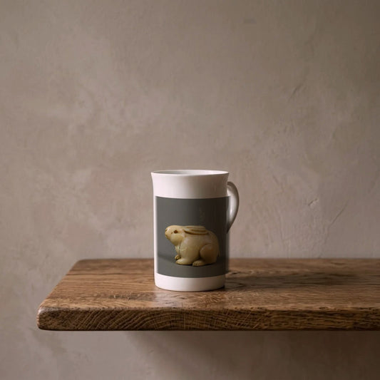 Netsuke: Hare with Amber Eyes, Edo Period – porcelain art mug on an oiled oak shelf against a limewashed wall