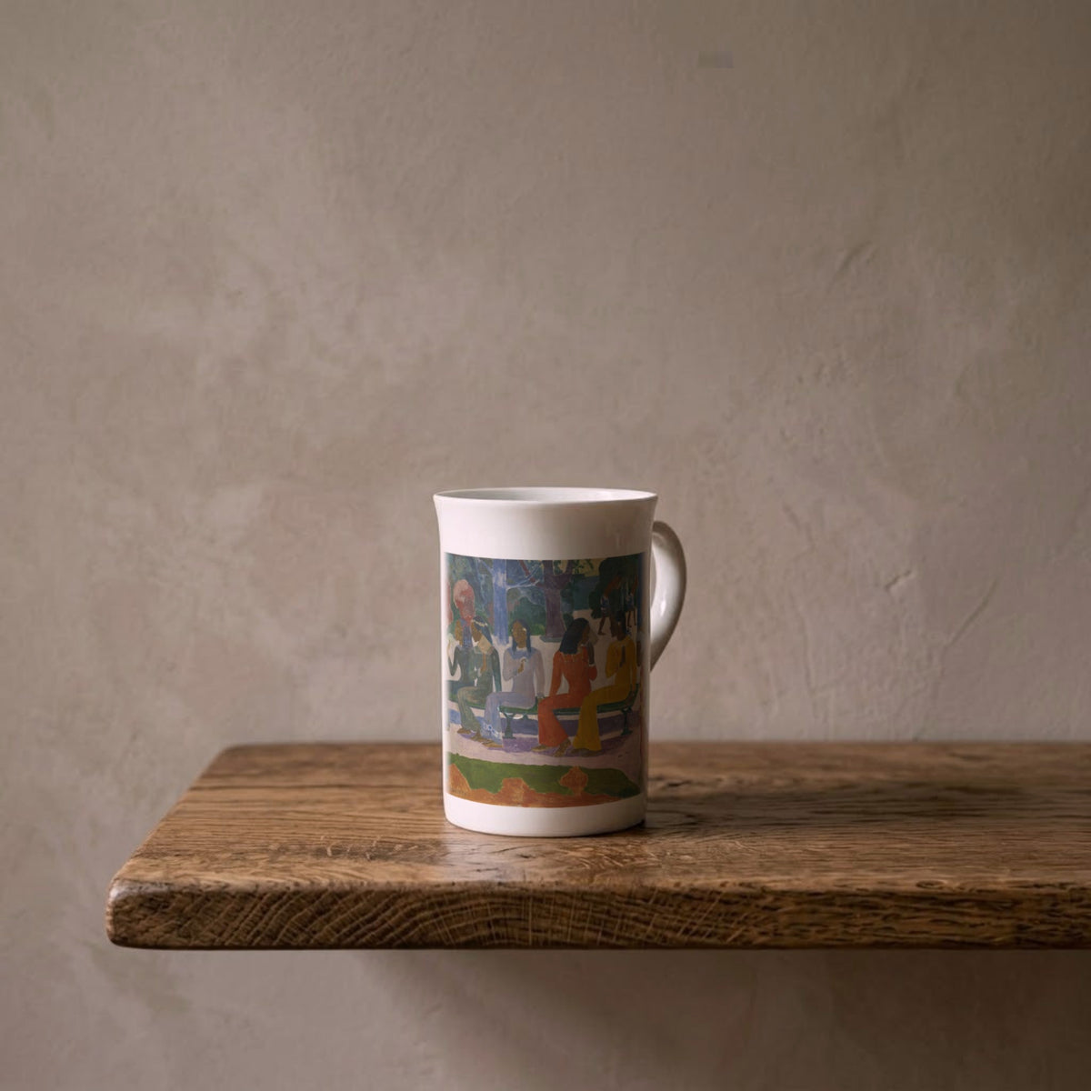 Ta matete (The Market) – porcelain art mug on an oiled oak shelf against a limewashed wall