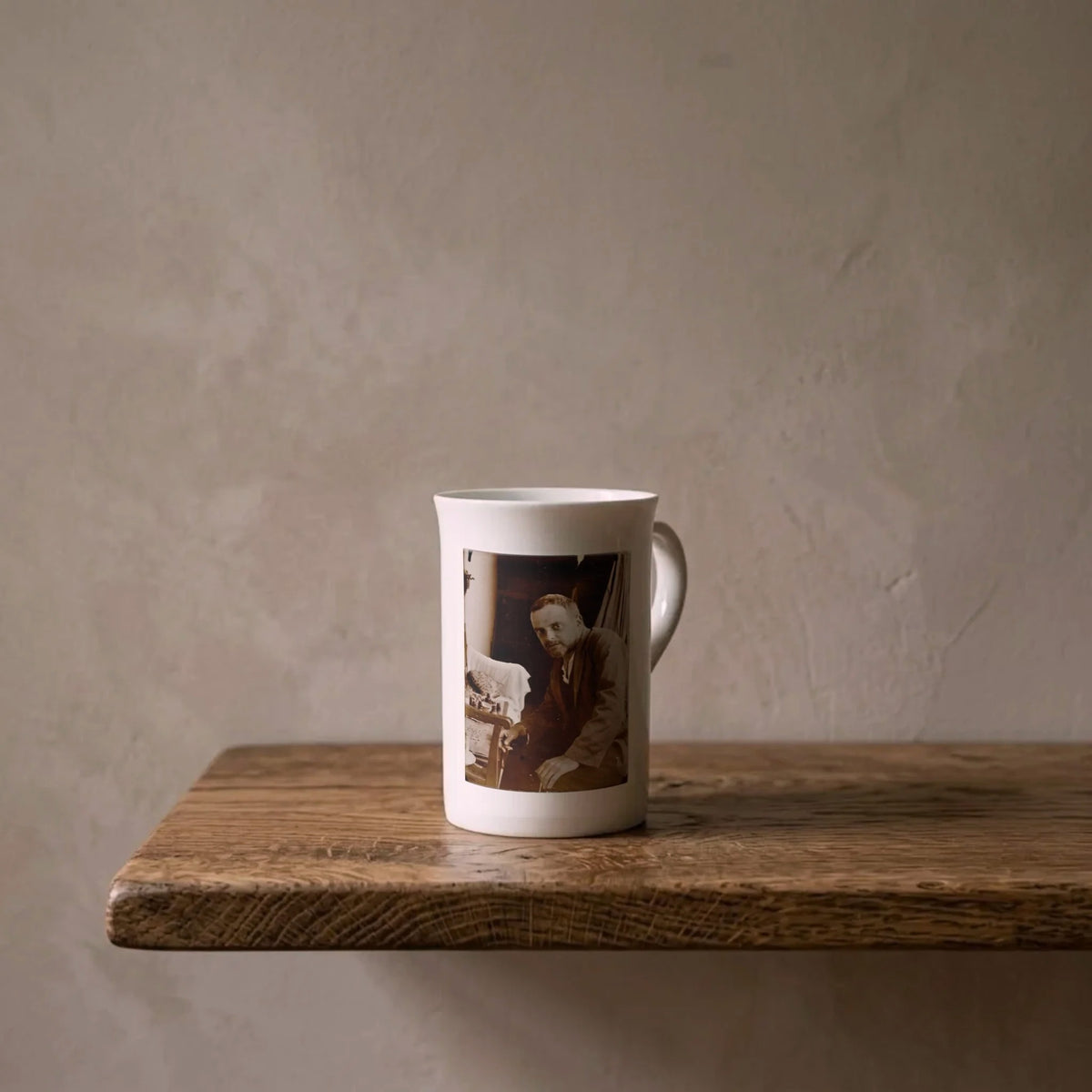Paul Klee in His Studio, 1921 – porcelain art mug on an oiled oak shelf against a limewashed wall