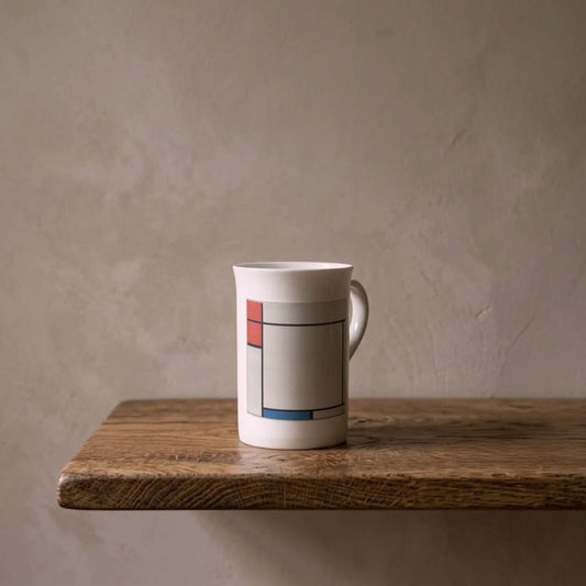 Piet Mondrian: Composition with Red, Yellow, and Blue, 1927 – porcelain art mug on an oiled oak shelf against a limewashed wall