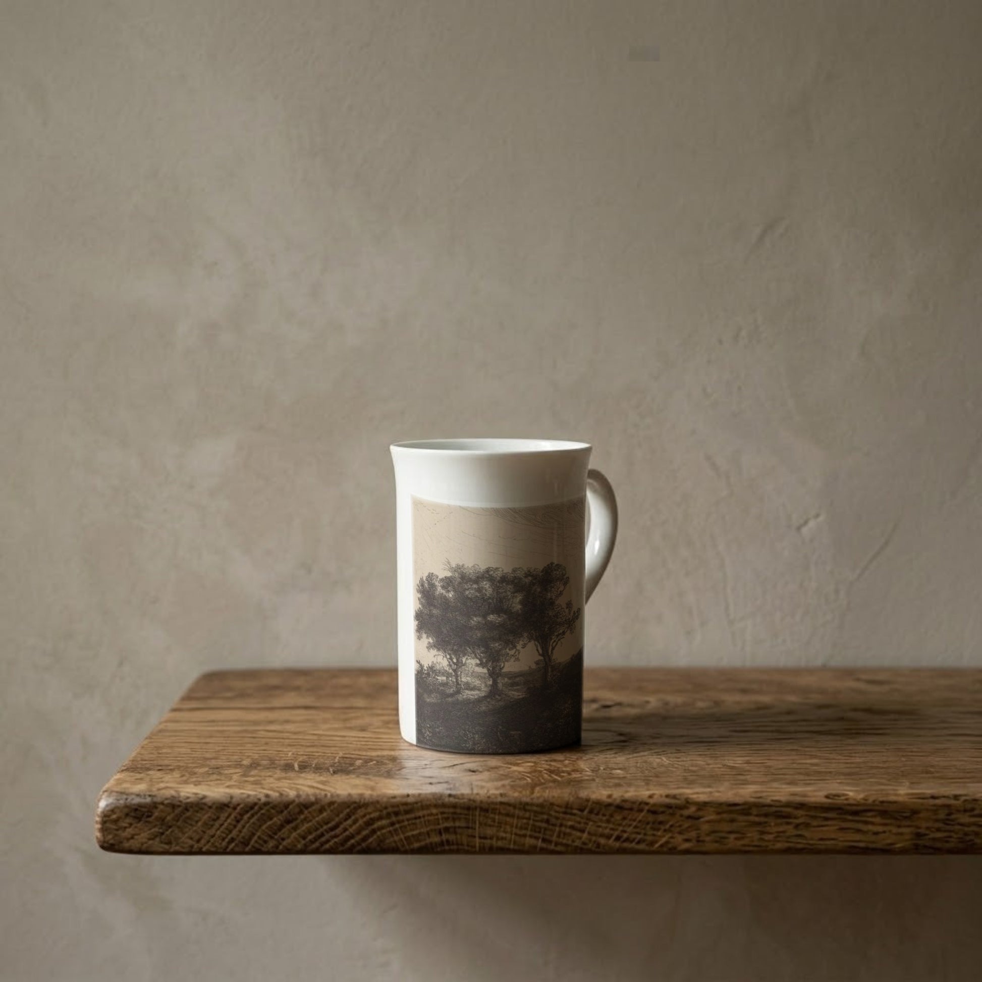 Rembrandt van Rijn: The Three Trees (Detail), 1643 – porcelain art mug on an oiled oak shelf against a limewashed wall
