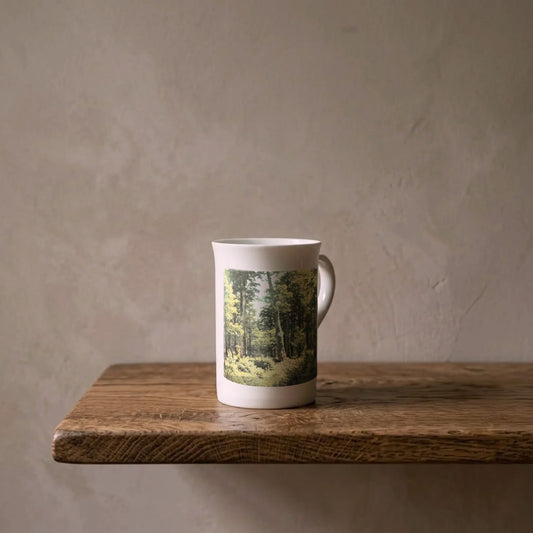 Robert Zünd: Oak Forest, 1881 – porcelain art mug on an oiled oak shelf against a limewashed wall