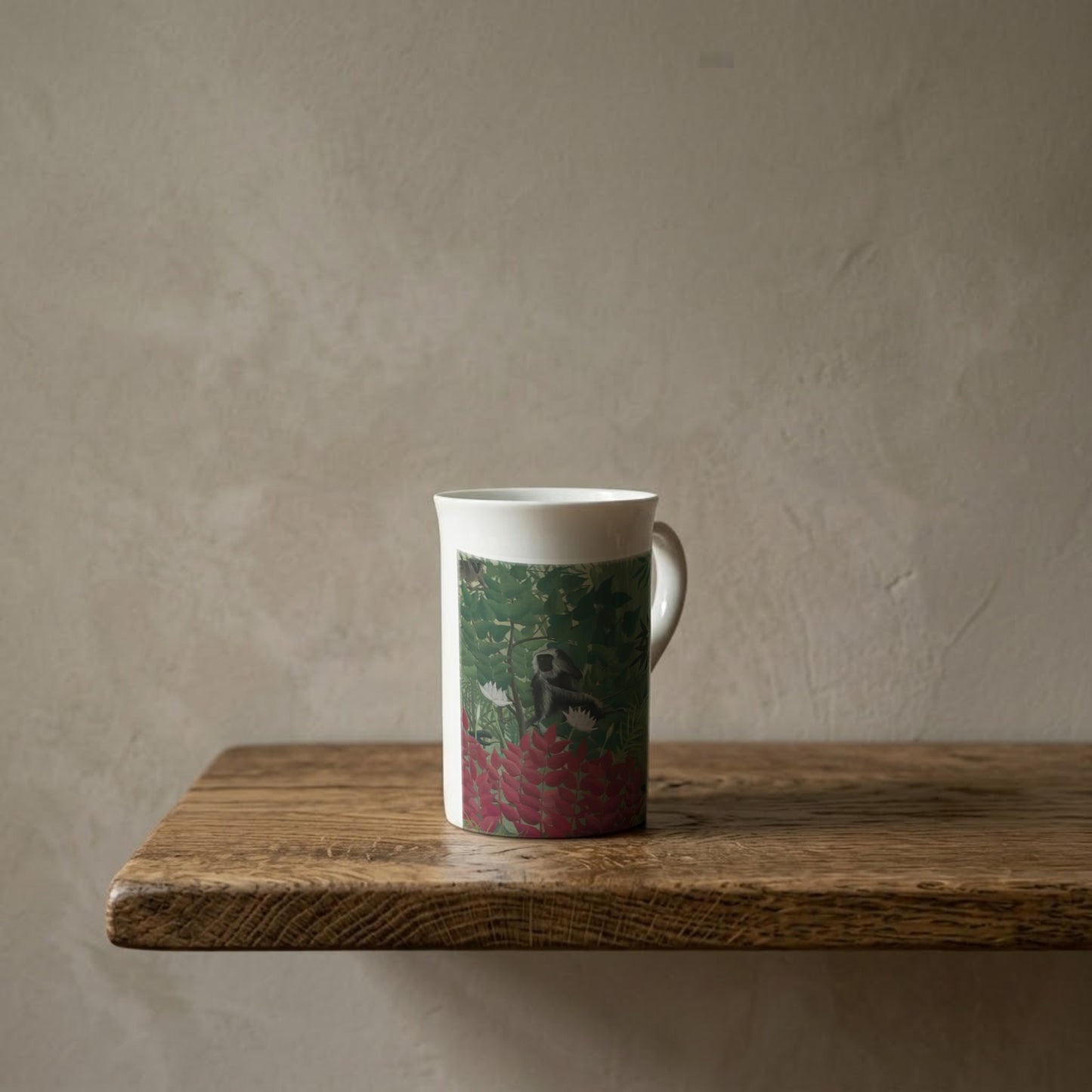 Henri Rousseau: Tropical Forest with Monkeys (Detail), 1910 – porcelain art mug on an oiled oak shelf against a limewashed wall