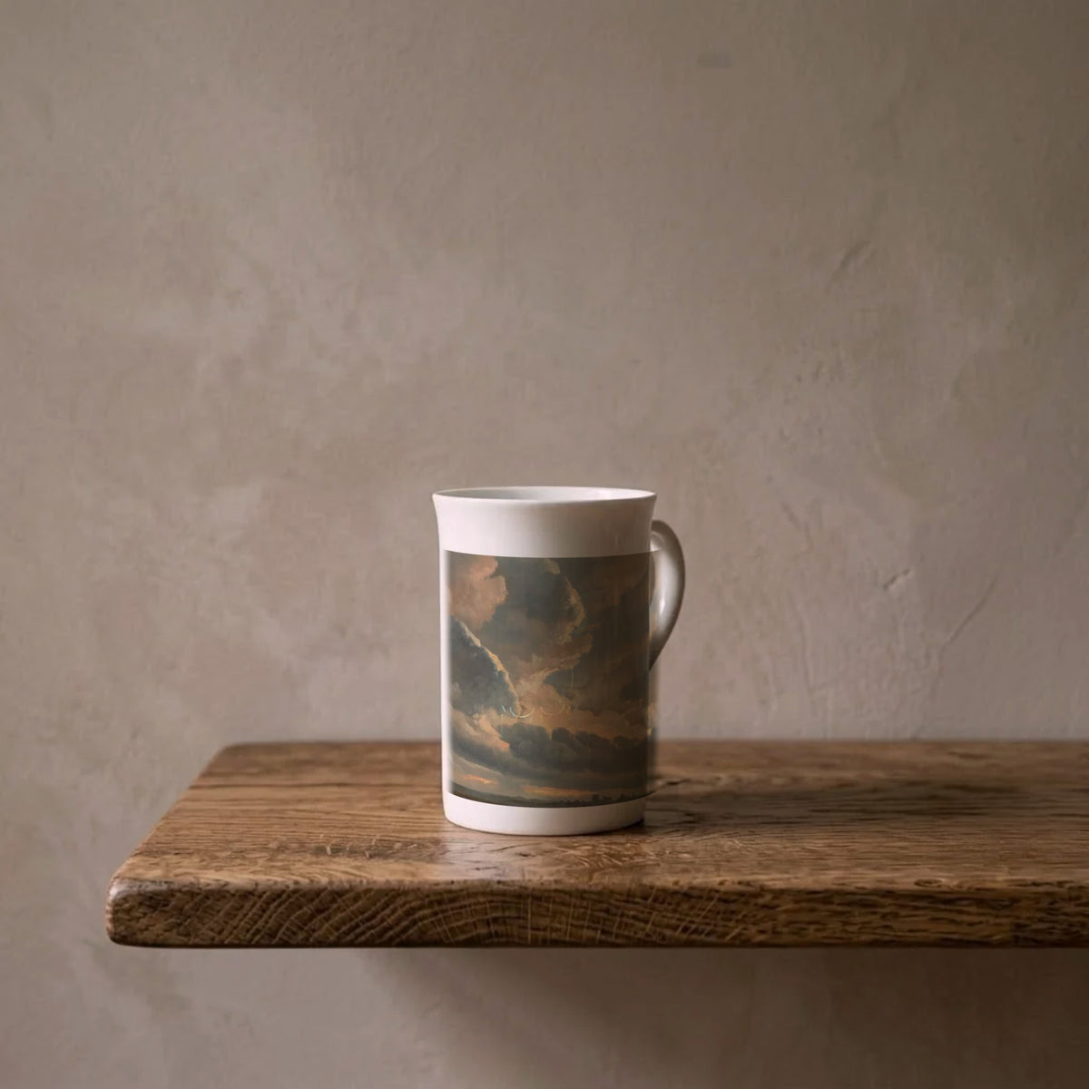 Simon Denis: Cloud Study at Sunset, c. 1800 – porcelain art mug on an oiled oak shelf against a limewashed wall