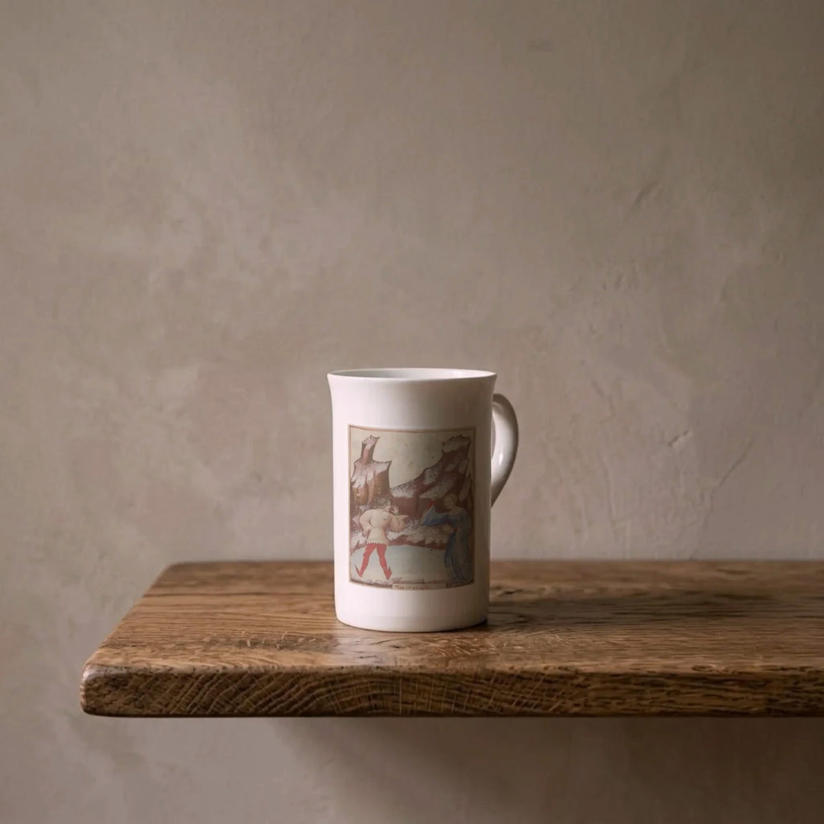 Tacuinum Sanitatis: Nix et Glacies, um 1390 – Kunsttasse aus Porzellan auf einem geölten Eichenregal vor einer gekalkten Wand