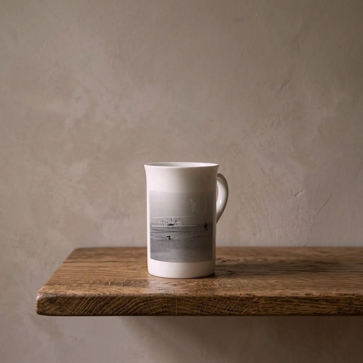 The Wright Brothers at Kitty Hawk, 1903 – porcelain art mug on an oiled oak shelf against a limewashed wall