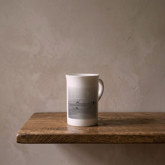 The Wright Brothers at Kitty Hawk, 1903 – porcelain art mug on an oiled oak shelf against a limewashed wall