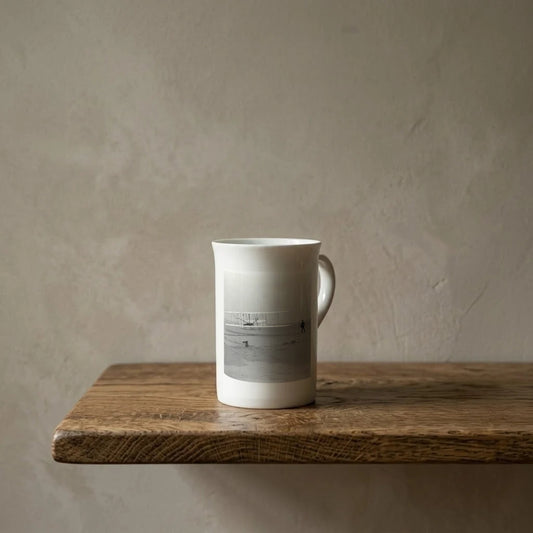 The Wright Brothers at Kitty Hawk, 1903 – porcelain art mug on an oiled oak shelf against a limewashed wall