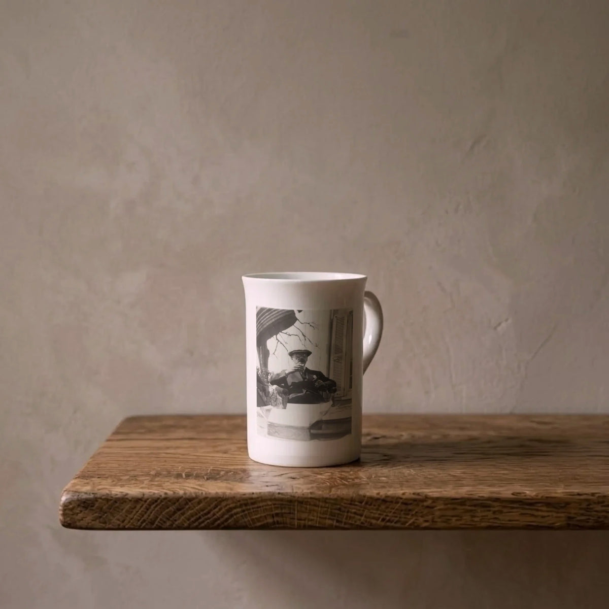 Thomas Mann in Küsnacht, 1930s – porcelain art mug on an oiled oak shelf against a limewashed wall