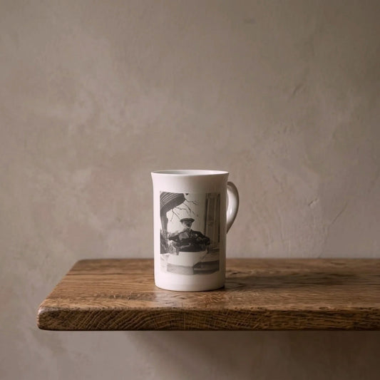 Thomas Mann in Küsnacht, 1930s – porcelain art mug on an oiled oak shelf against a limewashed wall
