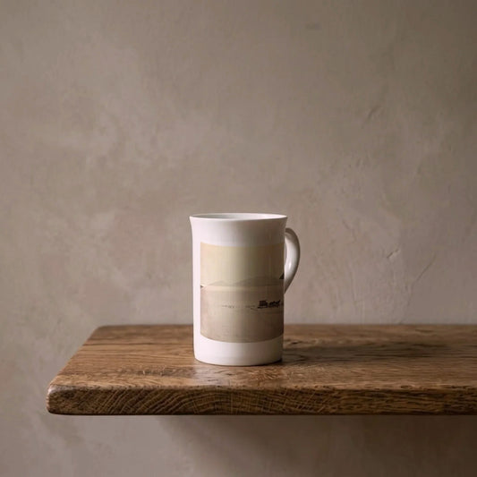 Timothy O'Sullivan: Sand Dunes, Carson Desert, 1867 – porcelain art mug on an oiled oak shelf against a limewashed wall