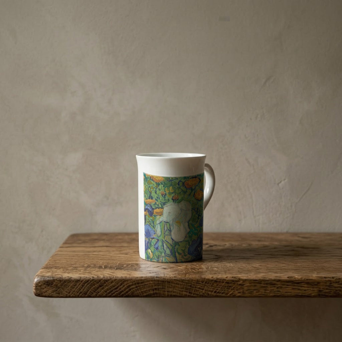 Vincent van Gogh: Irises (Detail), 1889 – porcelain art mug on an oiled oak shelf against a limewashed wall