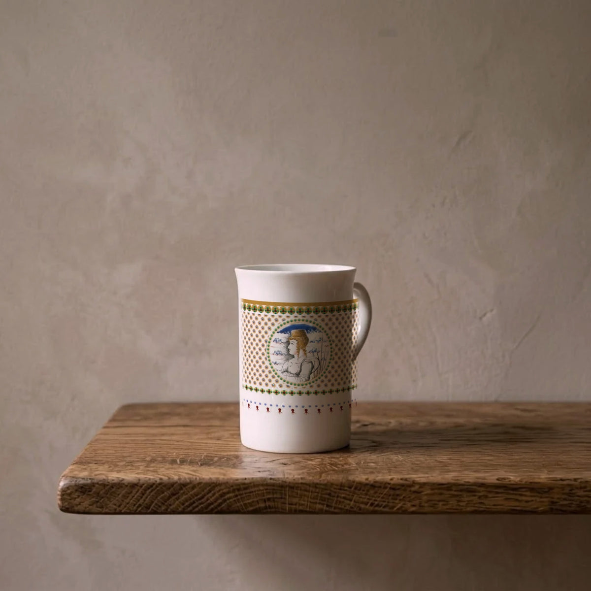 Venetian Marriage Beaker, c. 1480 – porcelain art mug on an oiled oak shelf against a limewashed wall