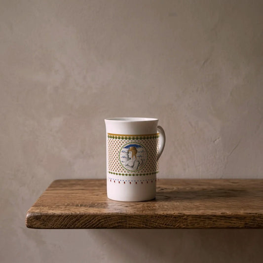 Venetian Marriage Beaker, c. 1480 – porcelain art mug on an oiled oak shelf against a limewashed wall