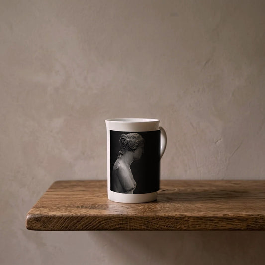 Venus de Milo, c. 130 BCE – porcelain art mug on an oiled oak shelf against a limewashed wall