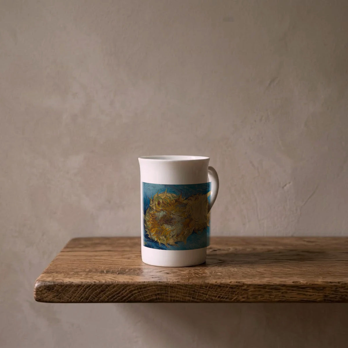 Vincent van Gogh: Sunflowers, 1887 – porcelain art mug on an oiled oak shelf against a limewashed wall
