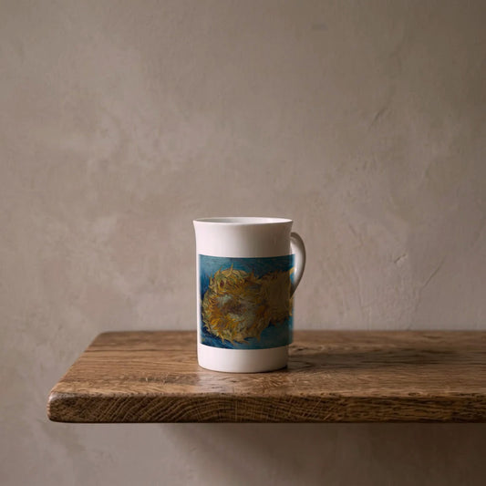 Vincent van Gogh: Sunflowers, 1887 – porcelain art mug on an oiled oak shelf against a limewashed wall