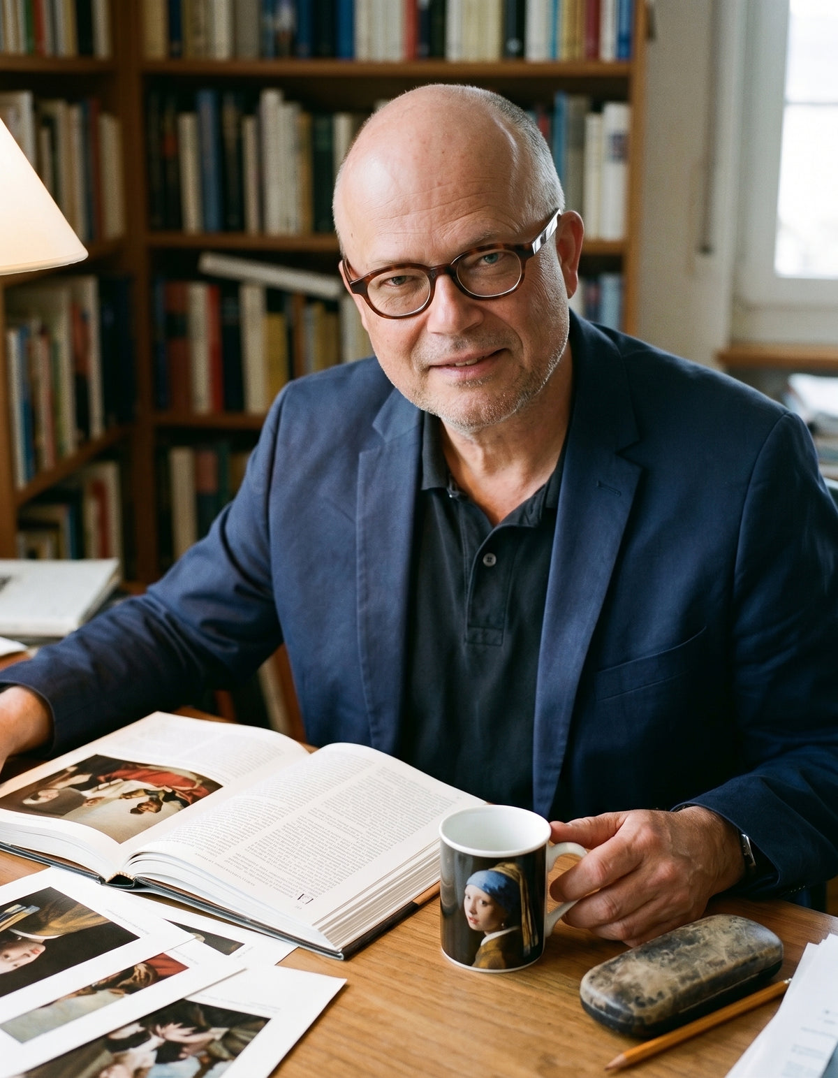 Dr. Walther Fuchs, art historian and founder of Tazzarte, at his desk in Kuesnacht