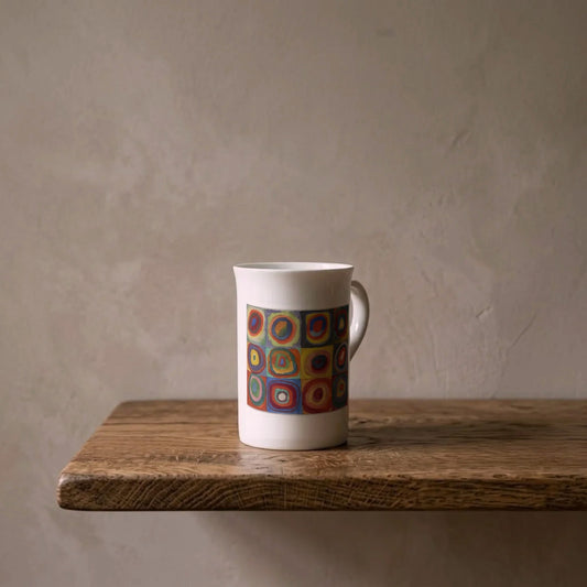 Wassily Kandinsky: Concentric Rings, 1913 – porcelain art mug on an oiled oak shelf against a limewashed wall