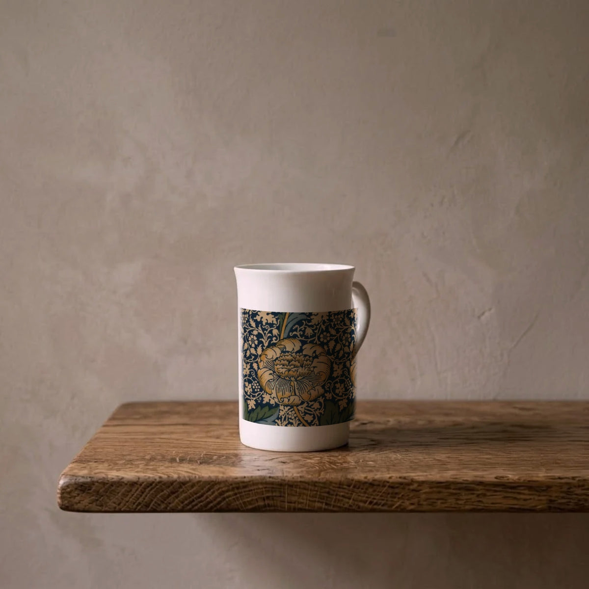 William Morris: Kennet, 1883 – porcelain art mug on an oiled oak shelf against a limewashed wall