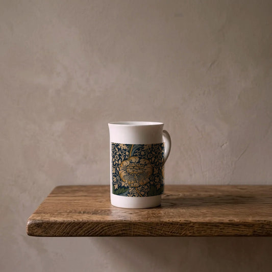 William Morris: Kennet, 1883 – porcelain art mug on an oiled oak shelf against a limewashed wall