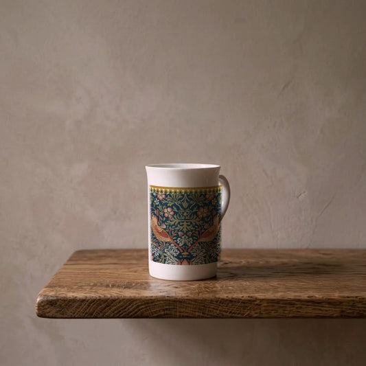 William Morris: Strawberry Thief, 1883 – porcelain art mug on an oiled oak shelf against a limewashed wall