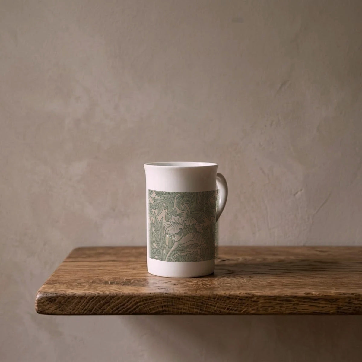 William Morris: Tulip, 1875 – porcelain art mug on an oiled oak shelf against a limewashed wall