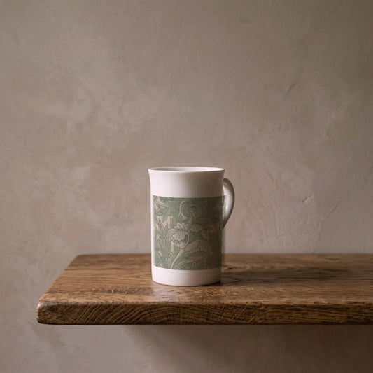 William Morris: Tulip, 1875 – porcelain art mug on an oiled oak shelf against a limewashed wall